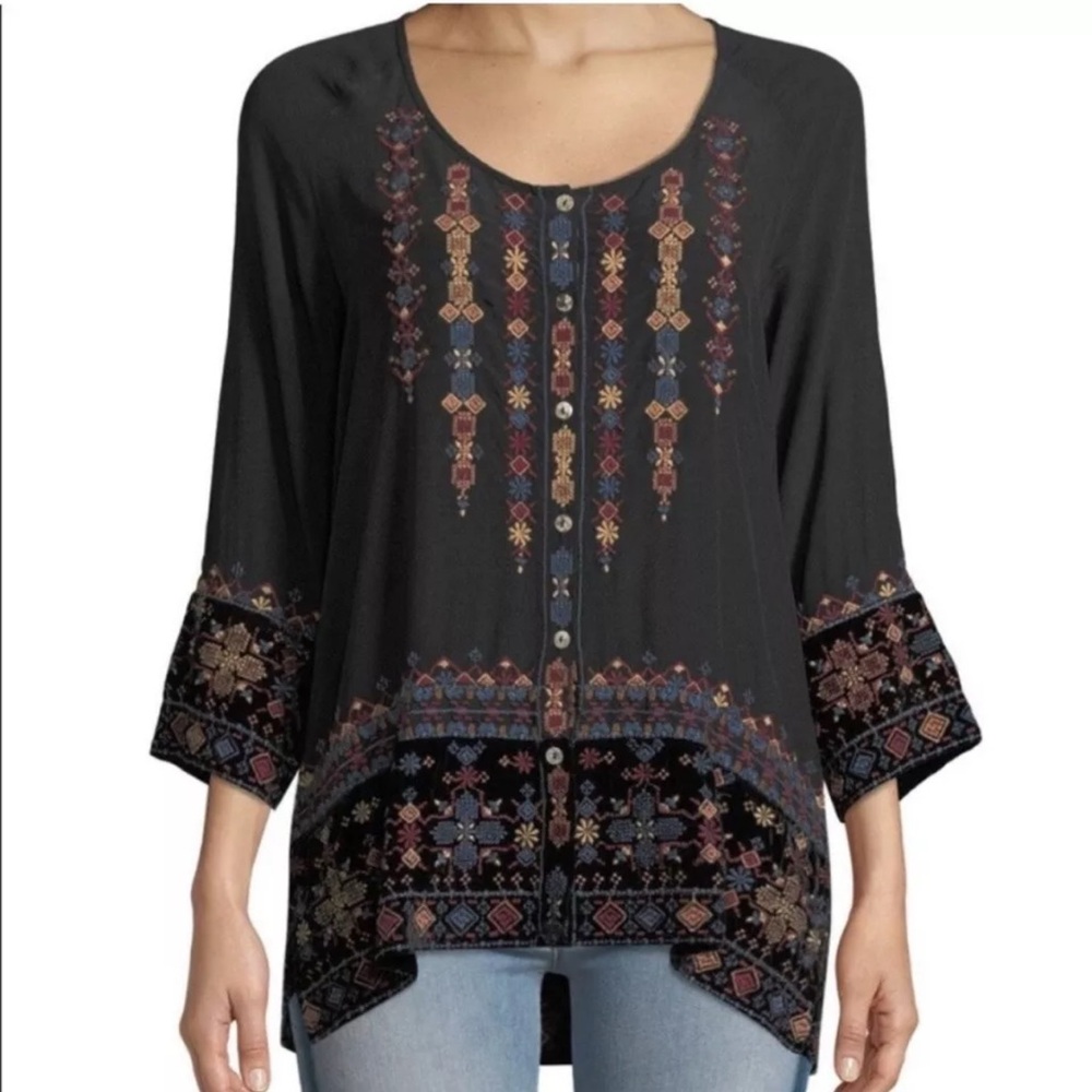 Johnny Was Vika Mixed Velvet & Silk Dark Romance Embroidered Blouse Women S